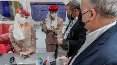 Emirates Airlines launches a new screening process for passengers. The opening day of Arab Health 2021 at the Dubai World Trade Center on June 21st, 2021. 
Antonie Robertson / The National.
Reporter: Nic Webster for National