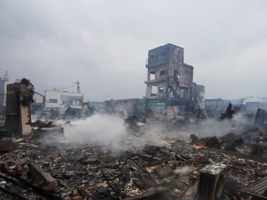 The morning market burnt out by fires which followed a strong earthquake in Wajima, central Japan, 03 January 2024.  The Ishikawa Prefecture Government has announced 62 people were killed by the magnitude 7 earthquake (the USGS listed the magnitude as 7. 5) which occured on 01 January.  About 33,000 residents in Ishikawa Prefecture have evacuated to 355 makeshift evacuation centers.  According to Hokuriku Electric Power Company, about 33,900 homes lose electricity power in the prefecture.   EPA / JIJI PRESS JAPAN OUT EDITORIAL USE ONLY / 