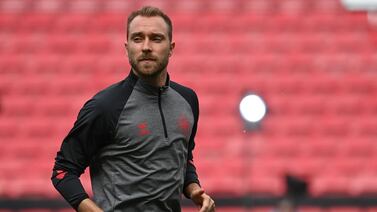 Denmark's midfielder Christian Eriksen takes part in the MD-1 training session at the Parken Stadium in Copenhagen on June 11, 2021 on the eve of their UEFA EURO 2020 match against Finland.  (Photo by Jonathan NACKSTRAND  /  AFP)
