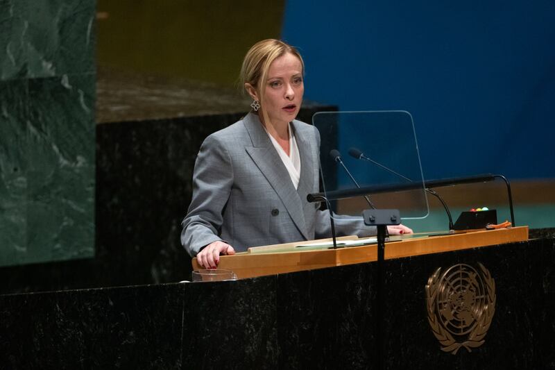 Giorgia Meloni, Italy's prime minister, speaks during the United Nations General Assembly (UNGA) in New York, US, on Wednesday, Sept.  20, 2023.  Global leaders descend upon midtown Manhattan this week for speeches, meetings and receptions, an annual migration to the United Nations meant to tackle the world's biggest problems. Photographer: Jeenah Moon / Bloomberg