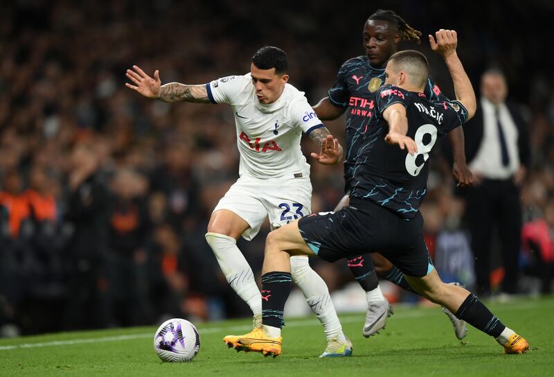 Pedro Porro of Tottenham Hotspur takes on Mateo Kovacic. Getty