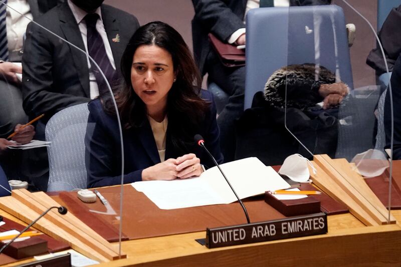 United Arab Emirates UN Ambassador Lana Zaki Nusseibeh addresses the United Nations Security Council on Friday, February  25, 2022. AP Photo