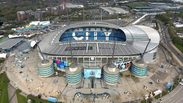 MANCHESTER, ENGLAND - APRIL 26: An aerial view of the Etihad Stadium prior to the Premier League match between Manchester City and Arsenal FC on April 26, 2023 in Manchester, England. (Photo by Michael Regan / Getty Images)