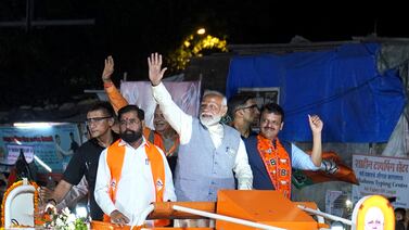 Narendra Modi, India's prime minister, waves to BJP supporters in Mumbai. Bloomberg