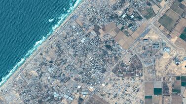 A satellite view shows tents and shelters at Al Mawasi, Gaza, on May 4.  Maxar Technologies via Reuters.